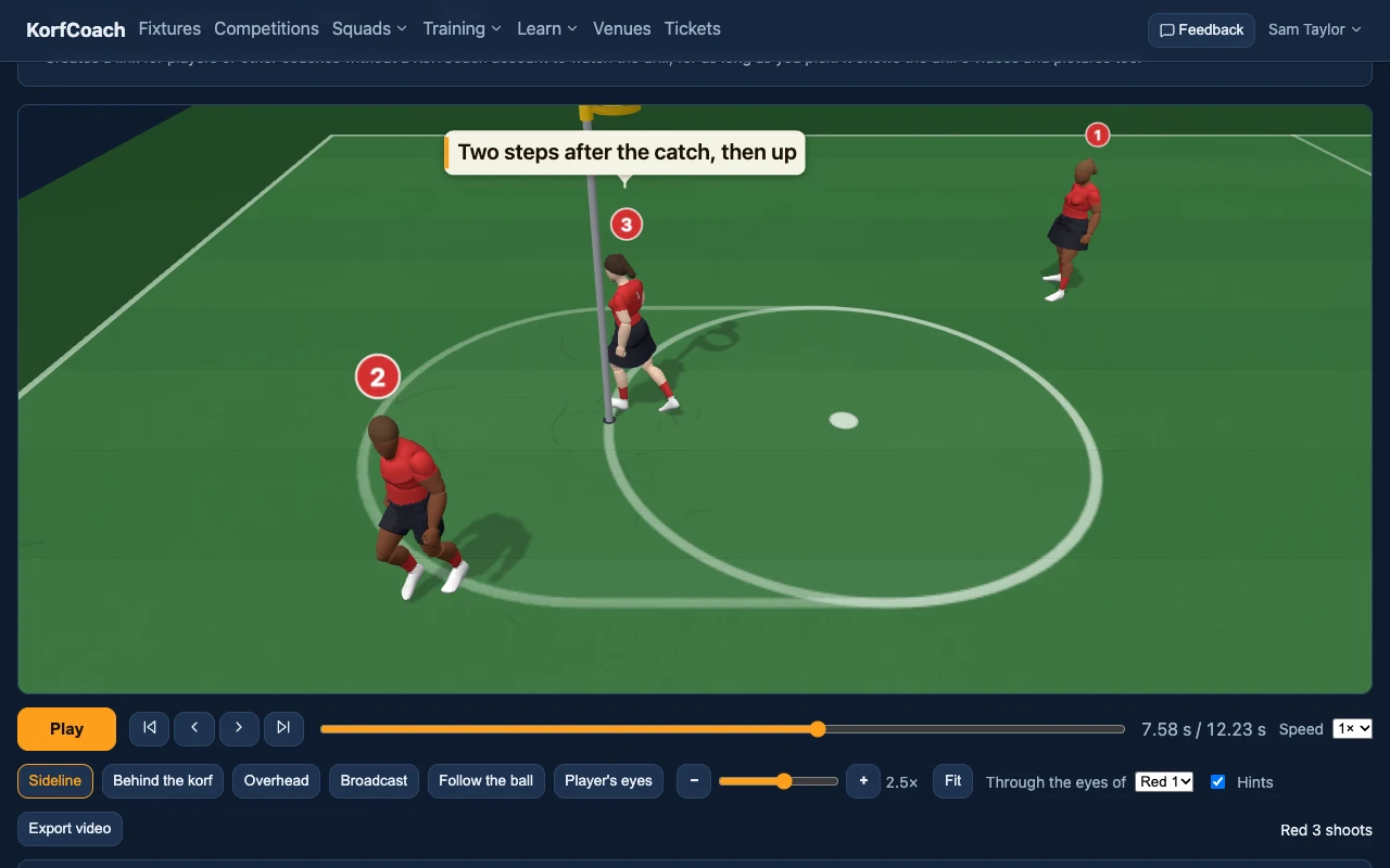 A drill on the 3D court: red attackers and blue defenders round the post, its timeline underneath.