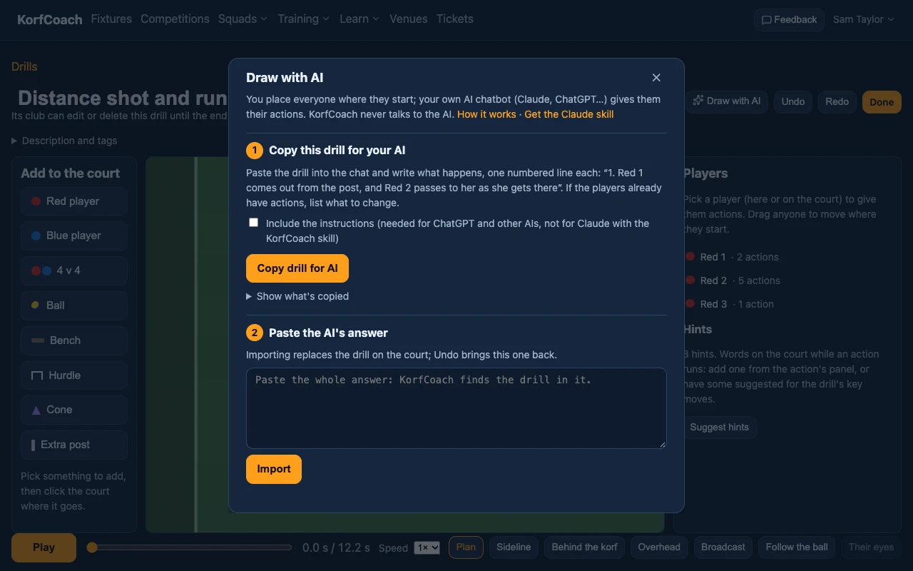 The Draw with AI dialog over the drill editor: copy the drill for your AI, then paste its answer.