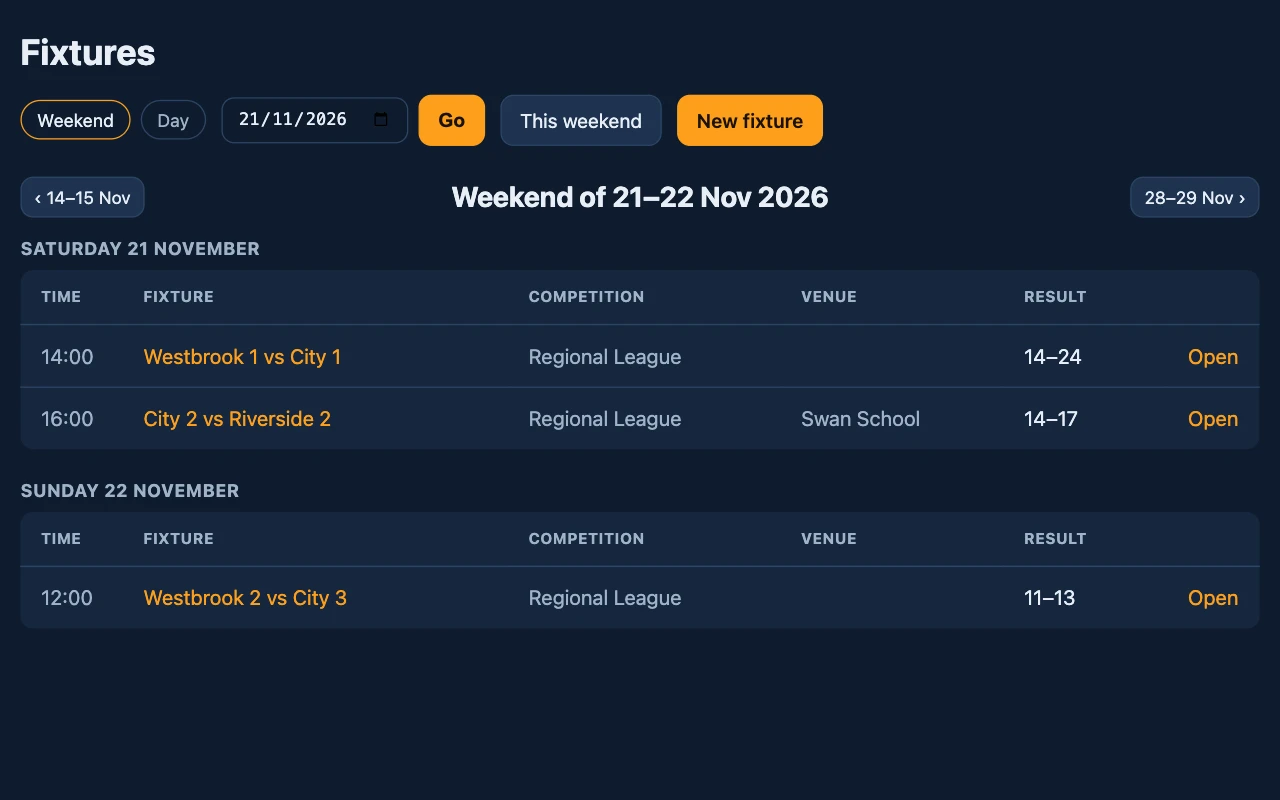 The fixtures for one weekend, day by day, with each match's competition and venue.