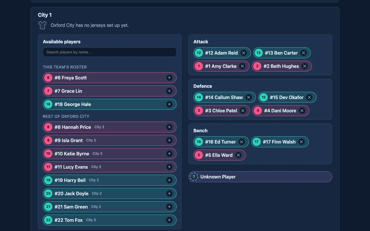 Picking a squad: the club's players on the left, attack, defence and bench on the right.