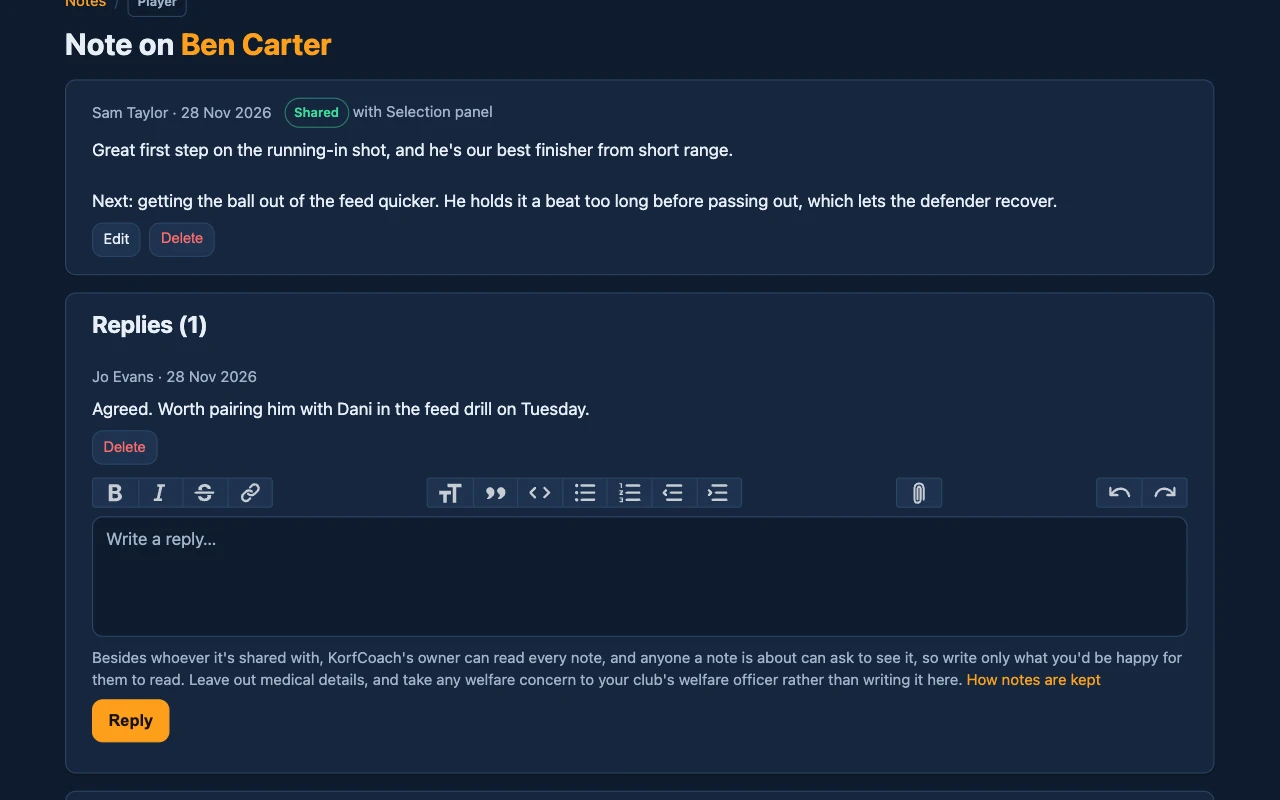 A note on a player, shared with a group, with a reply under it.