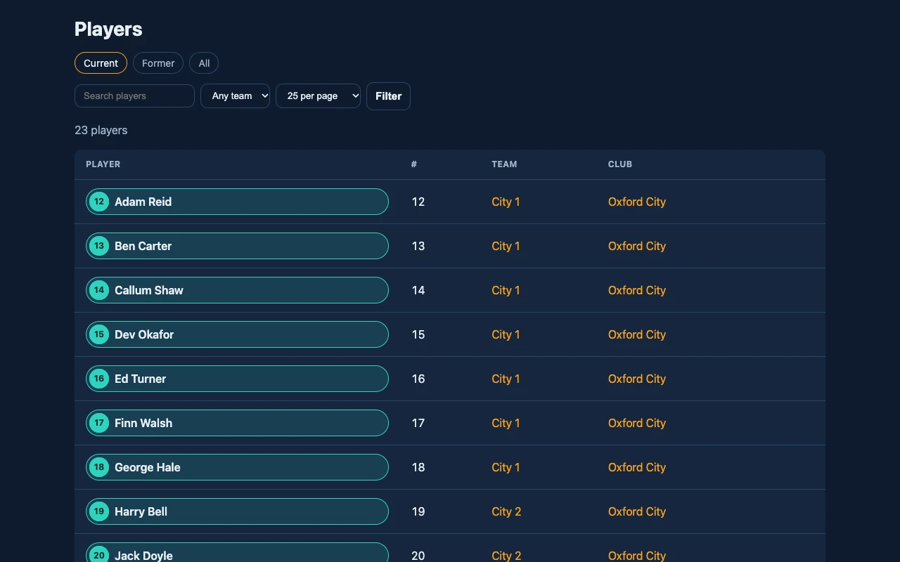 The players list: search, team filter, and each player's number and team.