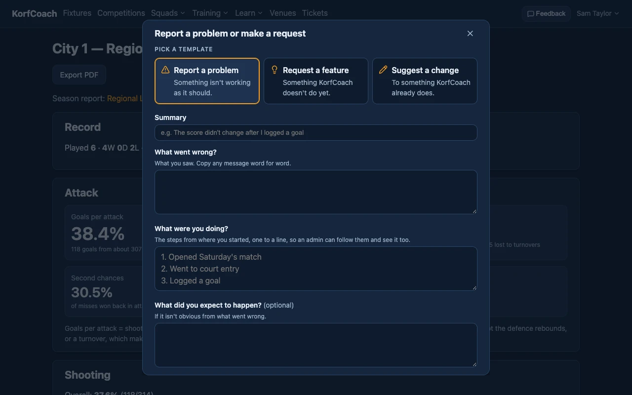 The Feedback dialog, with the questions for a problem.